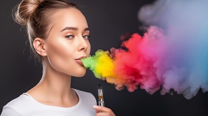 Fototapeta premium Woman is smoking a vape and the smoke is colorful. Concept of relaxation and leisure, as the woman is enjoying her time while smoking