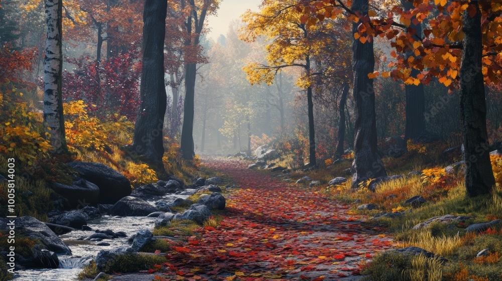 Poster autumn forest path with stream.