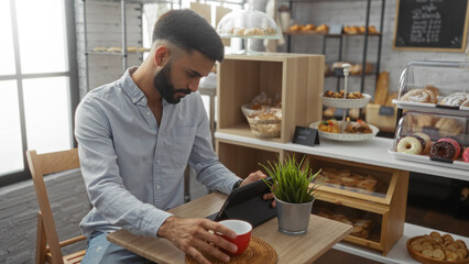Young, hispanic man with a beard sitting in a cozy bakery cafe, drinking coffee and using a tablet, surrounded by an array of fresh pastries and a comfortable indoor setting.