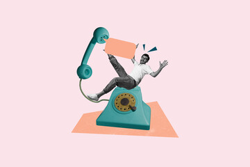 Composite creative art collage of happy man fall telephone receiver telemarketing helpline bubble isolated on painted background