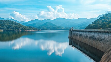 A scenic view of Lam Takhong Dam, with the reservoir reflecting the mountains.