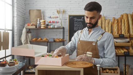 Young, hispanic man with a beard preparing a pink cake box at a bakery's interior shop wearing a brown apron and plastic gloves