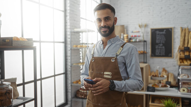 Handsome young hispanic man with beard standing in bakery shop holding phone wearing apron and smiling in bright indoor setting
