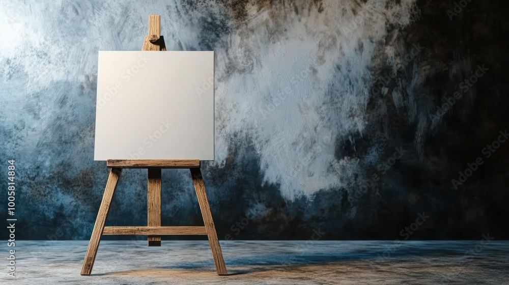 Poster a blank canvas on an easel in a textured, artistic setting.