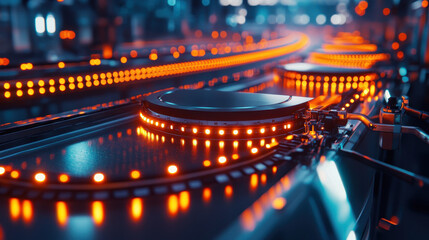 vibrant scene of illuminated conveyor belts showcases futuristic industrial setting, with glowing orange lights creating dynamic atmosphere