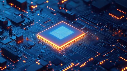 Fototapeta premium Illustration of a glowing AI chip embedded on a motherboard with a digital blue tech background. Perfect for showcasing advanced computing and processor technology.