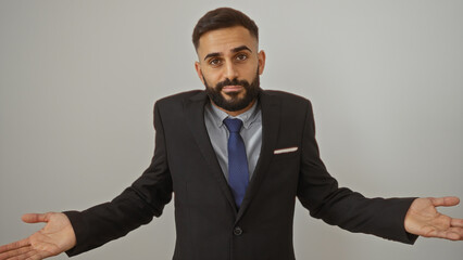 Young hispanic man with beard and suit isolated over white background looking hesitant with arms outstretched