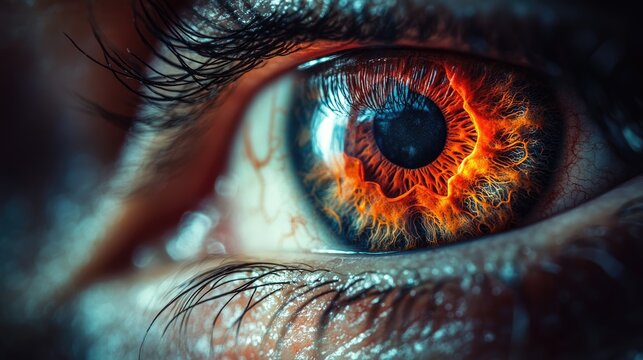 Macro shot of an eye affected by subconjunctival hemorrhage, focusing on the pronounced red blood vessels and irritated tissue, providing a clear view of the condition
