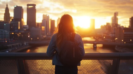 Woman on a bridge looking at city sunset.