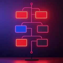 Fototapeta premium A modern neon light structure depicting a flowchart design in vibrant colors, set against a dark background.