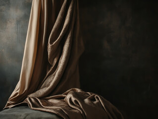 A piece of cloth is draped over a chair. The cloth is brown and has a lot of texture. The chair is empty and the cloth is covering it
