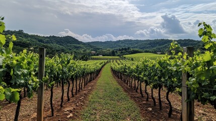 A tranquil walk through the vineyards of PB Valley Khao Yai Winery, surrounded by lush vines.