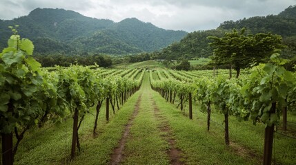Naklejka premium A tranquil walk through the vineyards of PB Valley Khao Yai Winery, surrounded by lush vines.