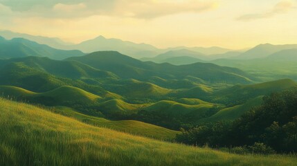 Naklejka premium A wide view of the rolling hills at Wang Nam Khiao during the golden hour.