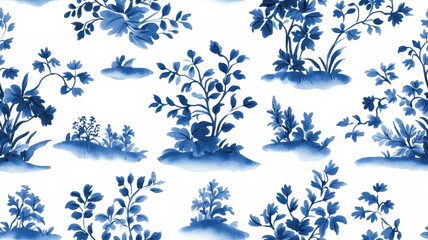 A vibrant blue and white floral pattern featuring various plants, creating an elegant and aesthetically pleasing design.