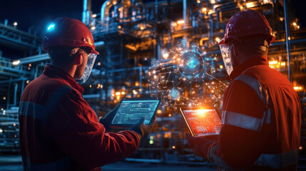 Innovative engineers using digital tablets in modern industrial setting, showcasing advanced technology and data visualization. Their teamwork highlights future of industry
