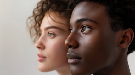Obraz premium Close-up portrait of two diverse people, one white and the other Black, both with flawless skin, looking towards an off-white background. The focus is on their eyes as they gaze into each other's soul
