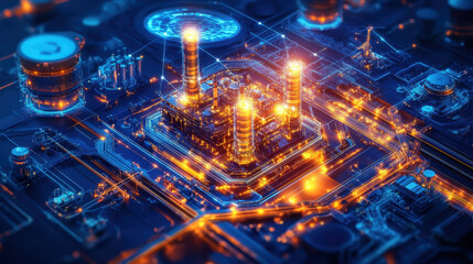 Obraz premium vibrant and intricate digital representation of industrial facility, showcasing glowing structures and interconnected pathways. scene captures essence of modern technology and energy production