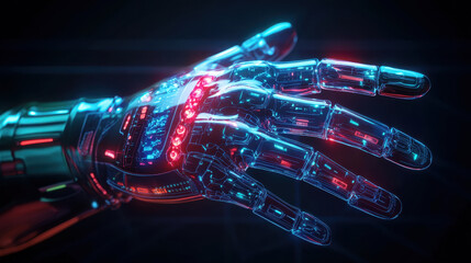 Naklejka premium futuristic robotic hand with intricate circuitry and glowing lights showcases advanced technology and innovation. design reflects blend of art and science, evoking sense of wonder