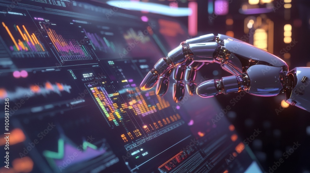 Poster robotic hand interacting with data on a screen.
