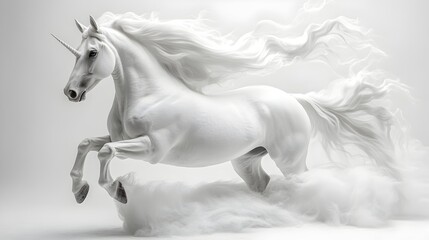 A magnificent white stallion charges forward with powerful grace,its mane whipping in the wind as it gallops through a dramatic desert storm,embodying the raw energy and freedom of the wild.