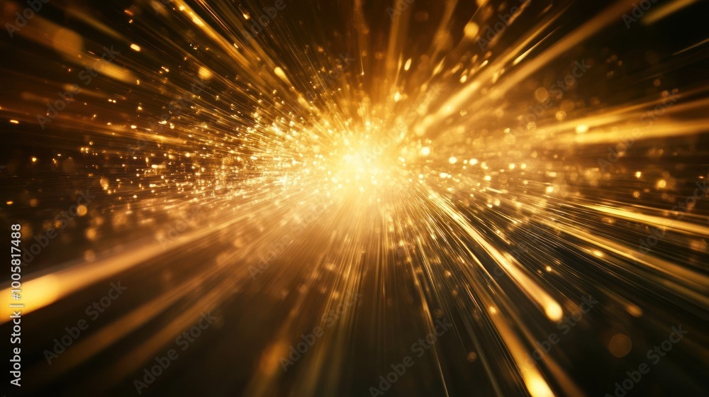 Poster an abstract burst of golden light and particles, creating a dynamic, energetic atmosphere.