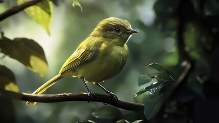 Green Bird Perched on Branch in Lush Forest
