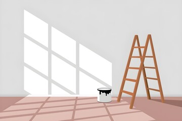 Empty room with ladder, paint cans, and shadows, suggesting progress