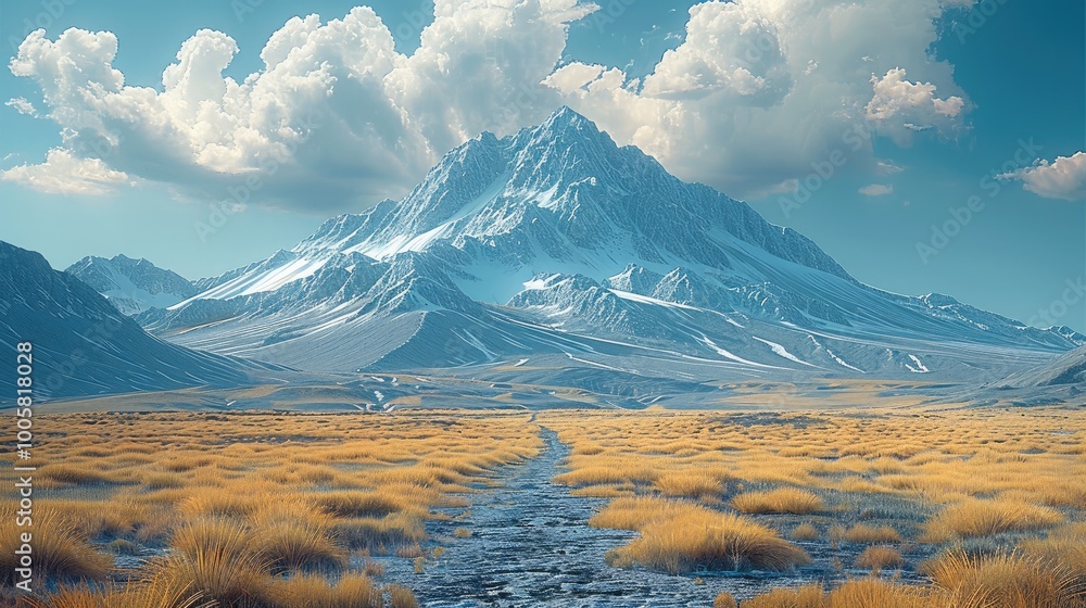Poster a mountain range. the nearest peak appears tall and dominant under a vast sky.