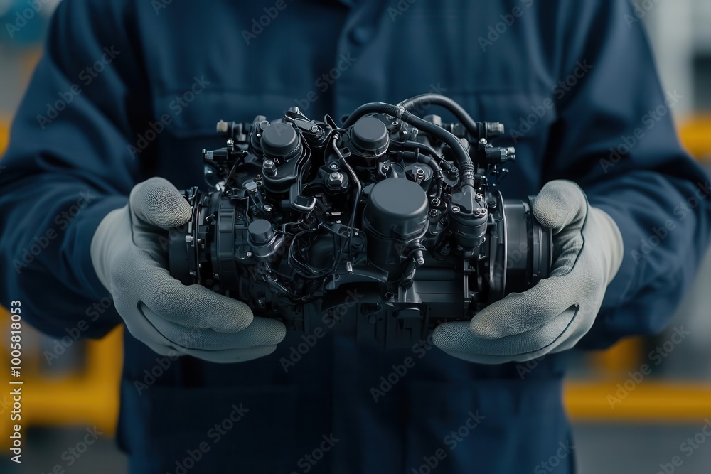 Poster automotive engineer testing a hybrid engine prototype for fuel efficiency and performance, testing a