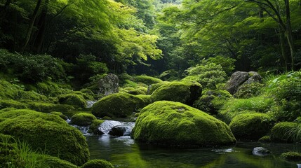 Lush green moss blankets the large boulders in the Rock Garden at Mt. Mitake, with a clear stream flowing gently through the serene forest valley in Ome, Tokyo.