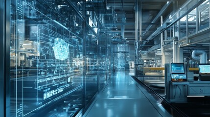 Futuristic Industrial Factory with Digital Interface.