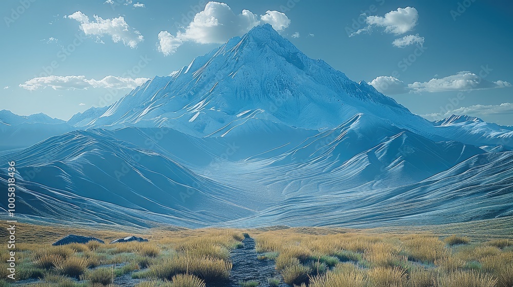 Poster a mountain range. the nearest peak appears tall and dominant under a vast sky.