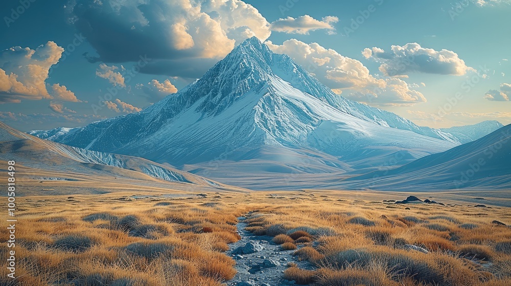Poster a mountain range. the nearest peak appears tall and dominant under a vast sky.