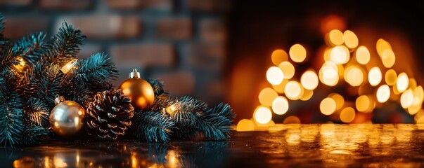 A festive arrangement of pine branches with ornaments, illuminated by warm bokeh lights, creating a cozy holiday atmosphere.