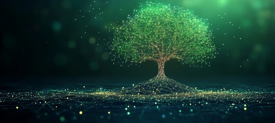 Digital Tree On Green Technology Background. Abstract Growth Symbol In Lines, Connected Dots