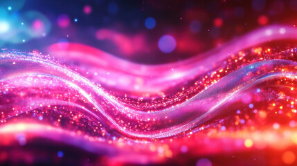 Vibrant waves of pink and purple light create mesmerizing abstract background filled with sparkling particles, evoking sense of energy and movement