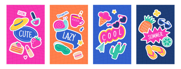 Posters with cute diary journal stickers for personal daily planner, diaries, to do list, scrapbook. Trendy hand drawn elements and inspirational quotes for social media posts. Labels of summer, relax