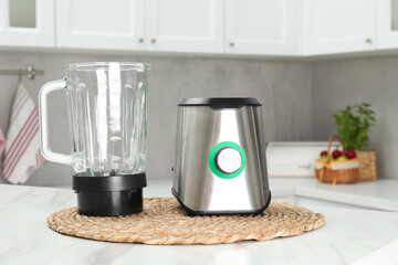 Blender kit on white marble table in kitchen