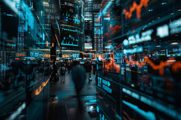 A bustling cityscape combined with vibrant digital stock market data overlay, capturing the fast-paced energy and modern financial world in striking colors.