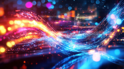 Obraz premium Vibrant abstract waves of light create mesmerizing visual effect, showcasing blend of colors like blue, orange, and pink. dynamic flow evokes sense of energy and movement