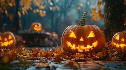 Halloween pumpkins on the autumn leaves background. Halloween concept.