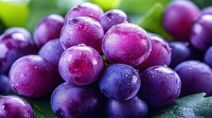 Fresh and Juicy Purple Grapes with Water Droplets on Green Leaves in Close-Up