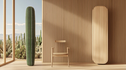 minimalist interior featuring wooden chair and tall cactus against backdrop of vertical wooden slats. serene desert landscape outside adds tranquil touch to space