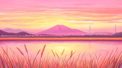 Obraz premium Mountain Sunset Landscape with Water Reflection and Grass