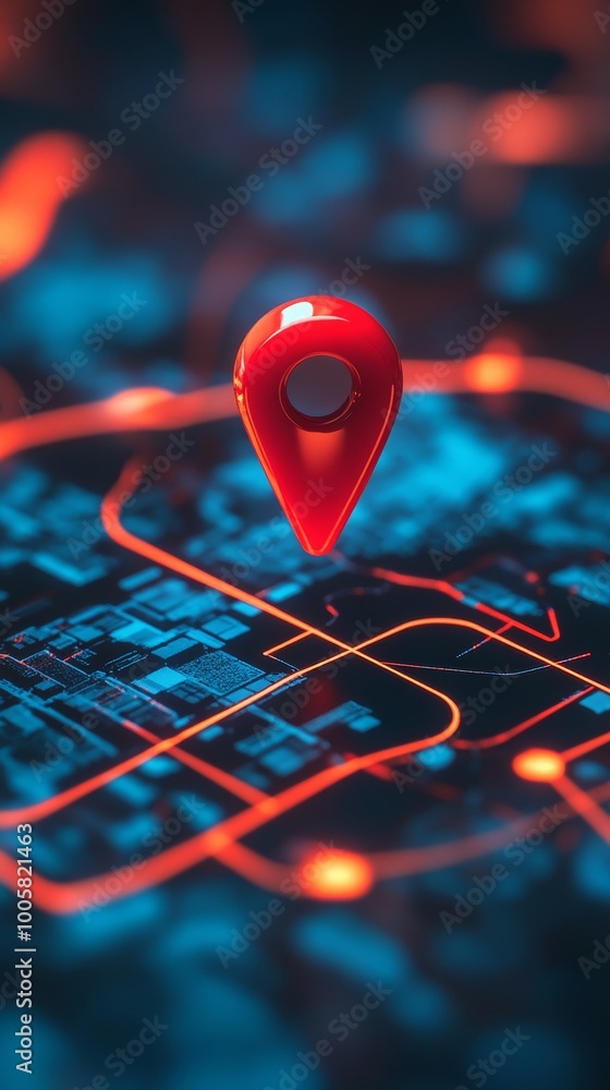 Poster red location pin on digital city map, futuristic concept. navigation and technology theme