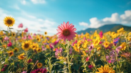 Fototapeta premium The colorful flower fields at Wang Nam Khiao, with sunflowers blooming under a clear blue sky.