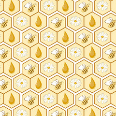 Pattern with bees in honeycombs.Honeycombs with flowers and bees in a seamless vector pattern.