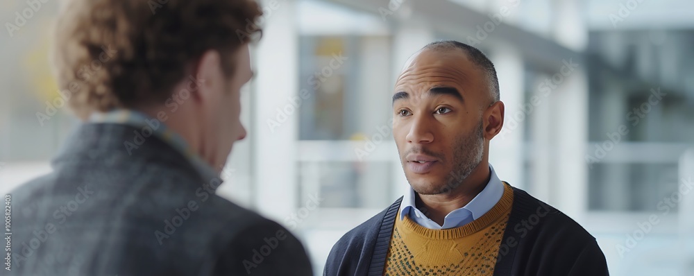Poster two men engaged in a conversation, showcasing a professional setting with an emphasis on communicati