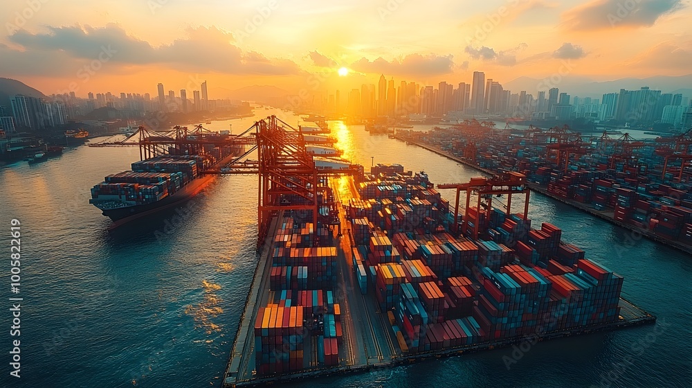 Poster aerial cityscape view of a bustling container port with large cargo ships and towering cranes at sun